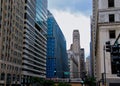 Cityscape view of Chicago`s elevated train and track on Lake and LaSalle Streets in Chicago Loop. Royalty Free Stock Photo