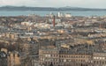 Cityscape view of Edinburgh towards Leith Docks and the Firth of Forth from Calton Hill