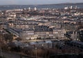 Cityscape view of Edinburgh towards Leith Docks and the Firth of Forth from Calton Hill