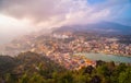 Cityscape view, fog and trees from Ham rong mountain,Sapa town