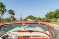 Cityscape view inside an old vintage american car Royalty Free Stock Photo