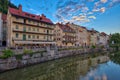 Cityscape view on Ljubljanica river canal in Ljubljana old town. Ljubljana is the capital of Slovenia and famous european tourist