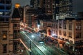 Cityscape view of Main Street at night, in Houston, Texas