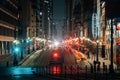 Cityscape view of Main Street at night, in Houston, Texas