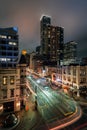 Cityscape view of Main Street at night, in Houston, Texas