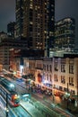 Cityscape view of Main Street at night, in Houston, Texas