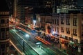 Cityscape view of Main Street at night, in Houston, Texas