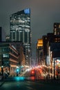 Cityscape view of Main Street at night, in Houston, Texas