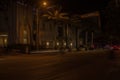 Cityscape view of Miami Beach street at night, palm tree trunks adorned with sparkling lights. Royalty Free Stock Photo