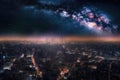 cityscape, with view of nebula and starfields in the background Royalty Free Stock Photo