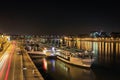 Cityscape view during night time in Budapest Hungary with river , boat and light from the building. Long exposure photography. Royalty Free Stock Photo