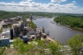 Cityscape view of Red Wing Minnesota, featuring the Mississippi River on a spring day. As seen from Barn Bluff hike