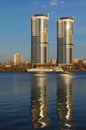 Cityscape view of residential complex Sunny riviera. Two modern luxury skyscrapers against blue sky