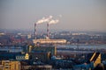 Cityscape view from the roof to Voronezh power station with pipe Royalty Free Stock Photo