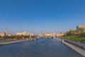View from Rostovskaya embankment of the Moskva River embankment, buildings and bridges. Moscow. Russia