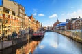 Cityscape - view of the water canal next to the Bloemenmarkt flower market in the historic center of Amsterdam