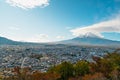 Cityscape views of the city near the volcano in the autumn Royalty Free Stock Photo