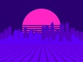 Cityscape in virtual reality with the sun in the style of the 80s. Retro futuristic city landscape with sunset in virtual reality Royalty Free Stock Photo