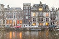 Cityscape - winter view of the houses with festive decorations and the city channel with boats, city of Amsterdam