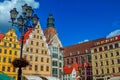 Cityscape of Wroclaw old town Market Square and part view of Saint Elisabeth Church