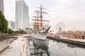 Cityscape of Yokohama with sailing ship