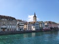 Cityscape of Zurich city centre, view from Munsterbrucke bridge.