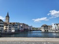 Cityscape of Zurich city city, view from Munsterbrucke bridge.