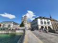 Cityscape of Zurich old city, view from Munsterbrucke bridge.