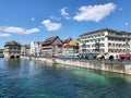 Cityscape of Zurich old city, view from Munsterbrucke bridge.