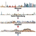 Cityscapes of Moscow, Saint Petersburg, Istanbul and Athens. Flags of Russia, Turkey and Greece. Vector high detailed illustratio