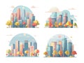 Cityscapes with skyscrapers trees and clouds, color vector set. City skylines panoramic urban landscapes, buildings Royalty Free Stock Photo