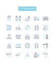 Cityscapes vector line icons set. Urban, skyline, metropolis, metropolises, vista, architecture, buildings illustration Royalty Free Stock Photo