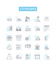 Cityscapes vector line icons set. Urban, skyline, metropolis, metropolises, vista, architecture, buildings illustration Royalty Free Stock Photo