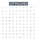 Cityscapes vector line icons set. Urban, skyline, metropolis, metropolises, vista, architecture, buildings illustration Royalty Free Stock Photo