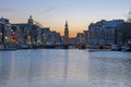 Cityscenic from Amsterdam Netherlands with the Munt tower at sunset Royalty Free Stock Photo