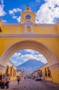 Ciudad de Guatemala, Guatemala, April, 25, 2018: The famous arch of the city center of Antigua together with agua Royalty Free Stock Photo