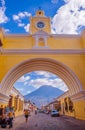 Ciudad de Guatemala, Guatemala, April, 25, 2018: The famous arch of the city center of Antigua together with agua