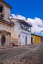 Ciudad de Guatemala, Guatemala, April, 25, 2018: Outdoor view of stoned street view of Antigua Guatemala, the historic