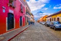 Ciudad de Guatemala, Guatemala, April, 25, 2018: Street view of Antigua Guatemala, the historic city Antigua is UNESCO