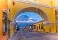 Ciudad de Guatemala, Guatemala, April, 25, 2018: View of the active Agua volcano in the background through a colorful