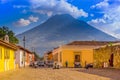 Ciudad de Guatemala, Guatemala, April, 25, 2018: View of antigua city, with some cars waiting over a toned pavement Royalty Free Stock Photo