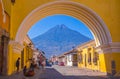 Ciudad de Guatemala, Guatemala, April, 25, 2018: Unidentified people walking in the streets of antigua city and view of Royalty Free Stock Photo