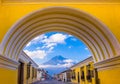 Ciudad de Guatemala, Guatemala, April, 25, 2018: View of the active Agua volcano in the background through a colorful Royalty Free Stock Photo
