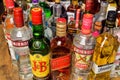 CIUDAD DE MEÃÂXICO, MEXICO - SEPTEMBER 14, 2020- Famous bottles of alcoholic beverages on the bar table. The most popular liquor