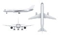 Civil aircraft views. Passenger white plane in various views fly transport realistic vector illustrations