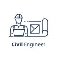 Civil engineer behind notebook, maintenance service, blueprint roll