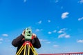 Civil engineer, geodesist is working with total station on a building site, blue sky in background