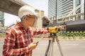 Civil engineer land survey with tacheometer or theodolite equipm