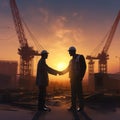 civil engineer standing and hand shaking at the construction site.