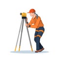 Civil engineer uses theodolite. Survey equipment. Builder with topographic tool. Isolated industrial scene